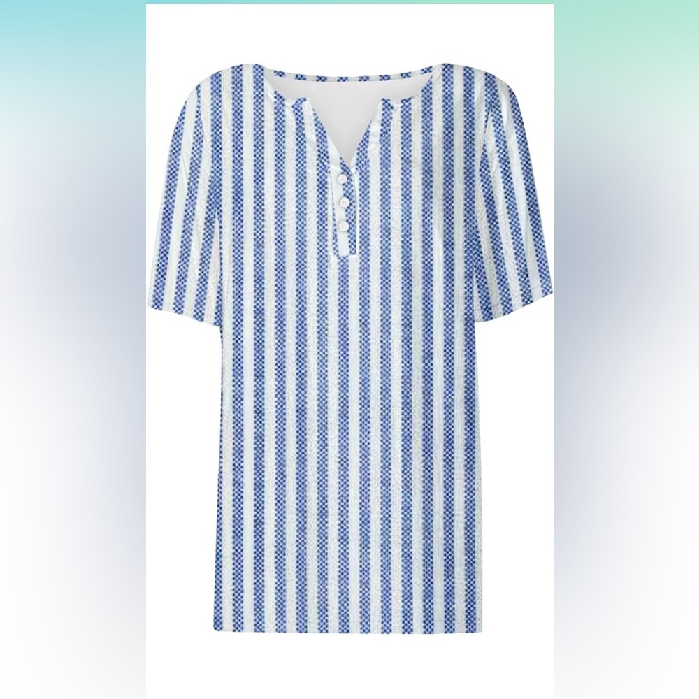 Women Blue Stripe Short Sleeve Blouse Summer Button V-Neck Casual Tops Tunics